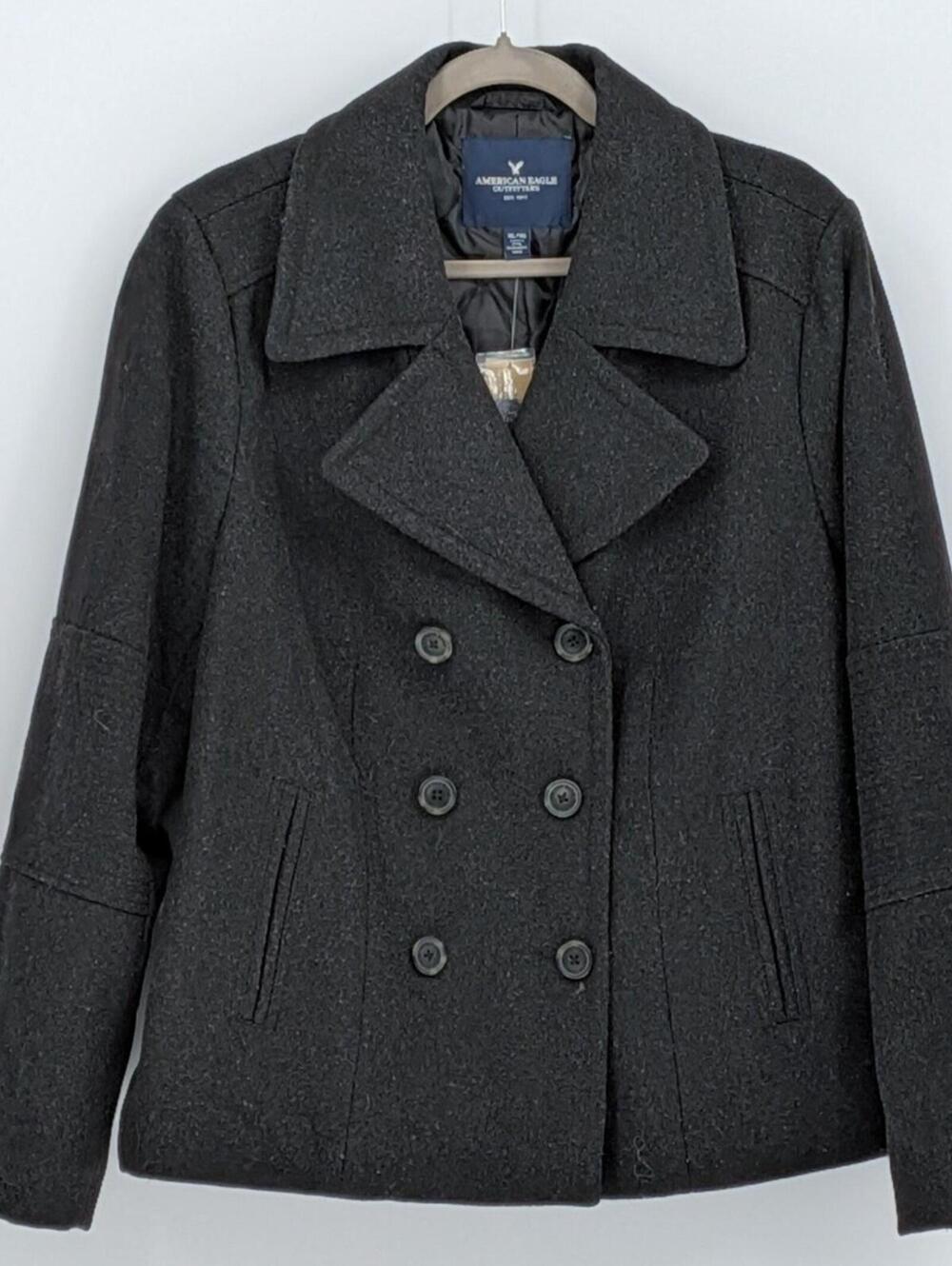 NEW American Eagle XL Charcoal Gray Wool Blend Double Breasted Peacoat Coat